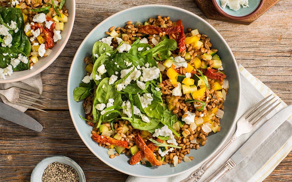 Mediterranean Sundried Tomato Farro with balsamic glaze, zucchini and feta, Whole Grains